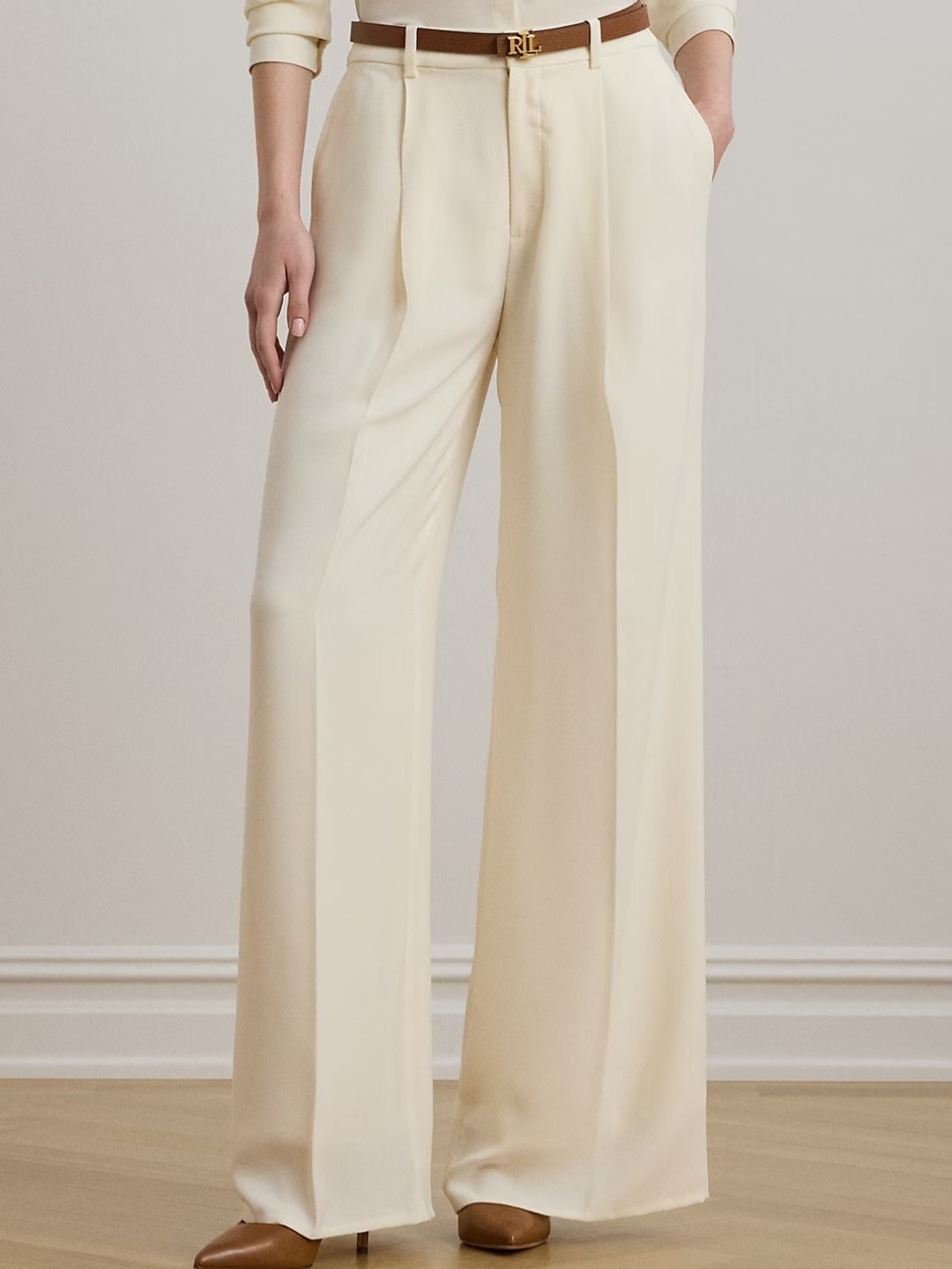 Lauren Ralph Lauren Women's Double-Faced Georgette Wide-Leg Pant Winter Crm #A2